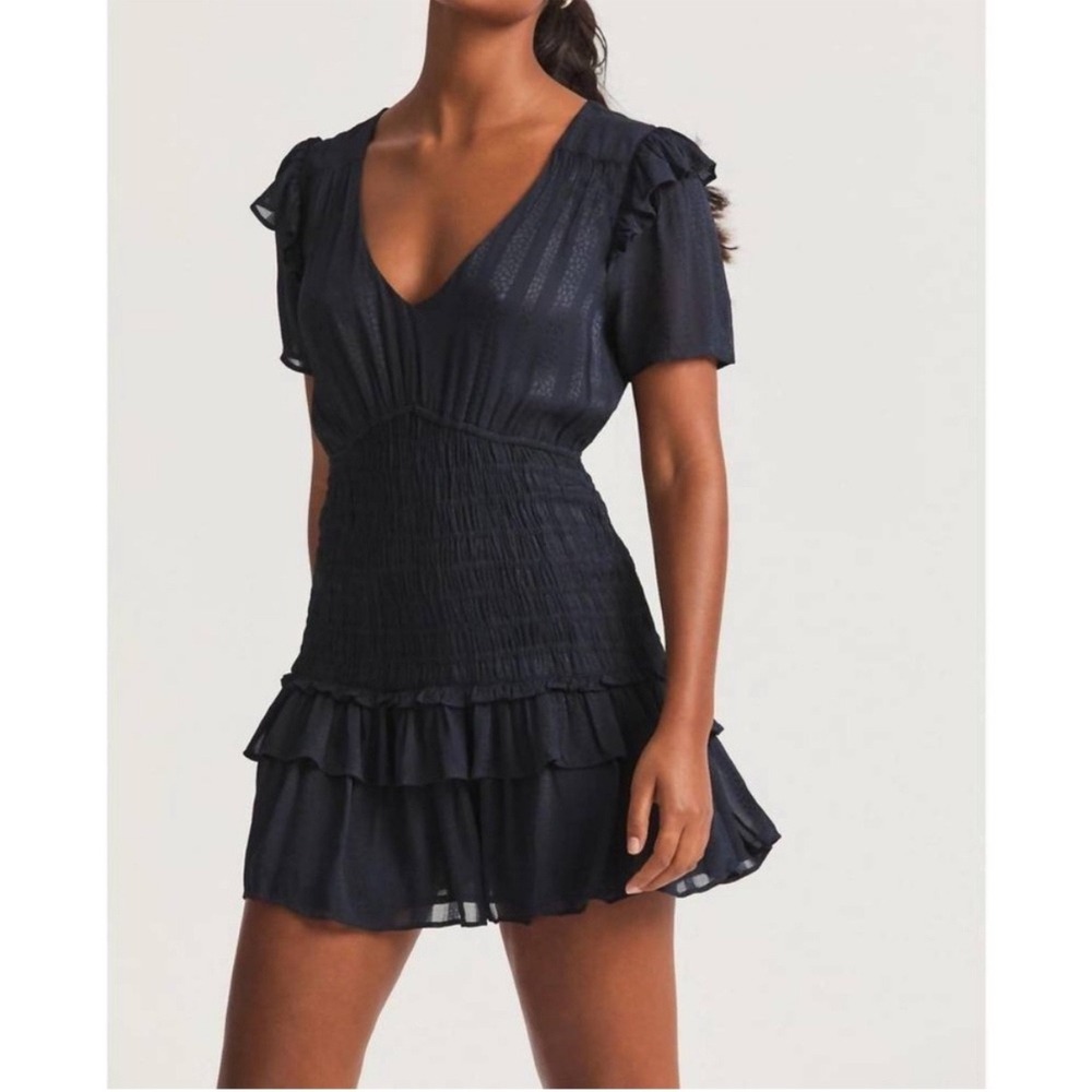 NWT LoveShackFancy Midnight Rena‎ Dress Ruffle Smocked V-Neck Mini - Small